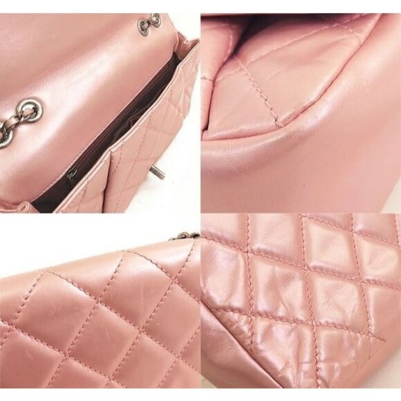 CHANEL Flap Bag Lambskin Quilted Purse Glazed Coco Pleats Tote Pink - Picture 10 of 10